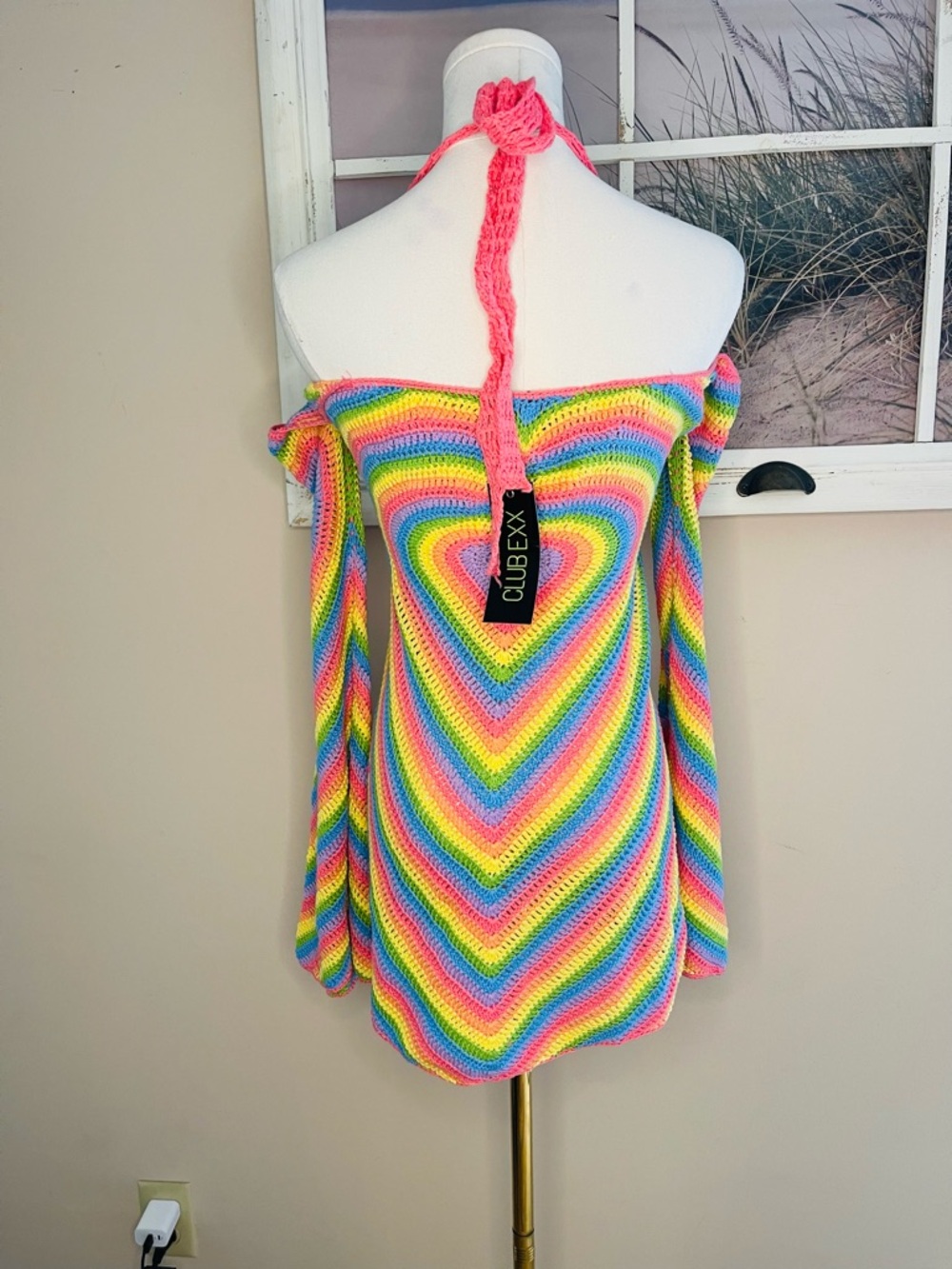 Club Exx DOLLS KILL Neon Rainbow Crochet Heart Dress 🦄 - Picture 3 of 6